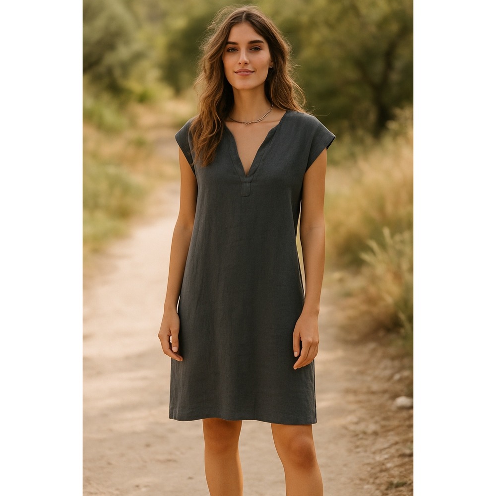 CP Shades V-neck Linen Tunic mini Dress Charcoal Grey Small